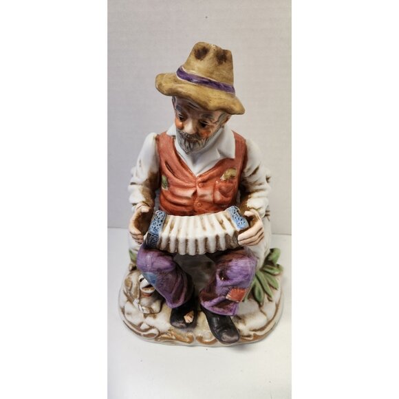 Figurine Ceramic Old Man Playing Accordion On Bench Dog Vintage - Picture 2 of 7